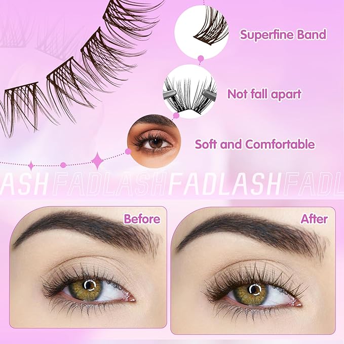 FADLASH Lash Clusters Brown Natural Eyelash Clusters DIY D Curl Cluster Eyelash Extensions with Soft Thin Band Reusable Individual Lashes for Self Use (R028, 8-16mm)