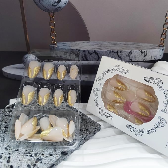 3D Gold Curve Line Press on Nails 24Pcs Irregular Lines Gel Glue on Fingernails Acrylic Full Cover Fake Nails Glossy French Tips Stick on Nail Vine Medium Almond False Nail for Holiday Manicure Art