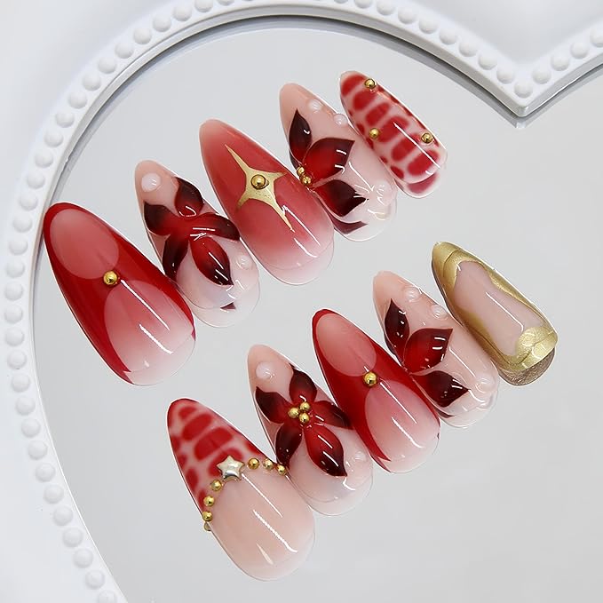 Almond Press on Nails Medium Almond Fake Nails with 3D Texture Gold Design Y2K Gold Star Beads Full Cover Acrylic Nails False Nails Red Crocodile Pattern French Stick on Nail for Women 24Pcs