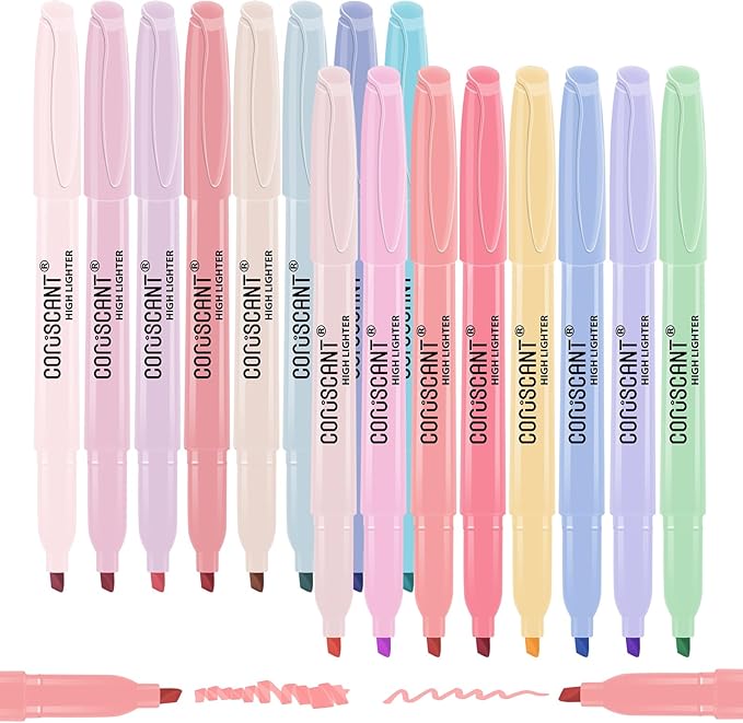 coruscant Pastel Highlighters Set, Assorted Colors Chisel Tip Cute Bible Highlighters, No Bleed Dry Quickly, for Journal Bible Study, Perfect for thin paper, School Office Supplies, 16 Pack