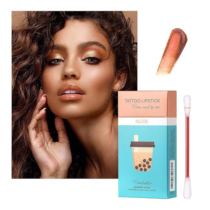 FLIPNEX 20Pcs Cotton Swab Tattoo Lipstick, Tattoo Lipstick Cotton Swab Lip Tint, Waterproof and Long Lasting Liquid Non-Stick Portable Lip Gloss (Nude)