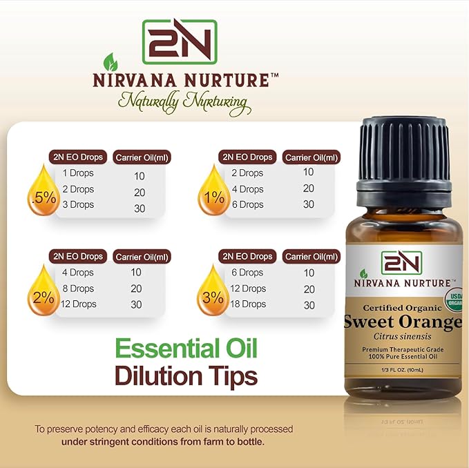 Sweet Orange Essential Oil USDA Certified Organic 100% Pure Premium Therapeutic Grade, Undiluted - Aromatherapy Diffuser for Calm and Relaxation, Skin Care, Hair Care