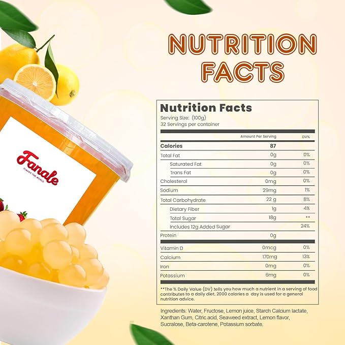 Fanale Lemon Popping Boba Pearls, Vegan, Non GMO, Gluten Free, Fat Free, Perfect for Bubble Tea, Smoothies, Ice Cream, Desserts, and Beverages.