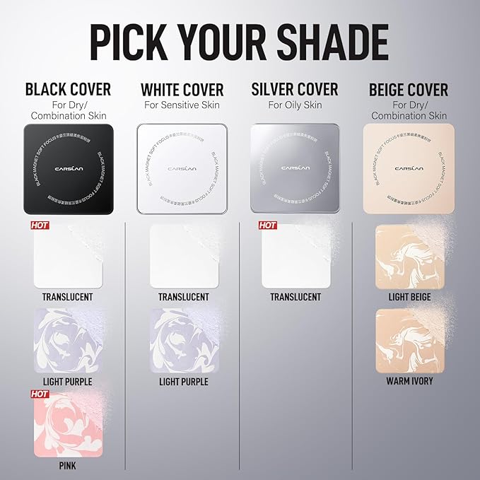 CARSLAN 2.0 Black Magnet Soft Focus Powder, Waterproof Translucent Pressed Setting Powder, 24H Longlasting Talc-Free Face Powder, Oil Control Compact Makeup,01 Blue Purple For Dry&Com Skin, 0.28Oz