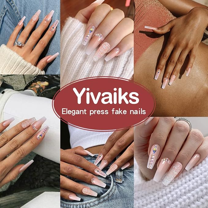 Yivaiks 24pcs glitter Press on Nails Medium Coffin Fake Nails with Glue on Nails for Women Luxurious 3D Crystal Gem Design Ballerina Pink Acrylic Nails (GD-002)