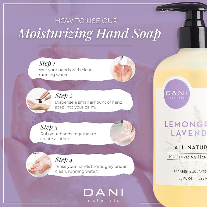DANI Naturals Moisturizing Hand Soap – Calming Lemongrass Lavender Scent, Hydrating, Sulfate-Free & Paraben-Free, 12 Oz Bottle with Pump, Gentle Cleansing for Dry Skin