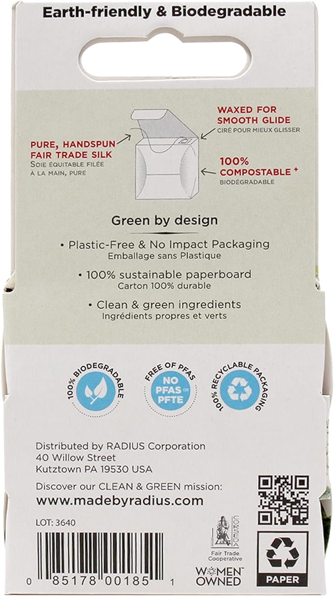 RADIUS Dental Floss, Natural Floss, Unscented Silk, 33 Yards, Compostable & Non-Toxic Oral Care Designed to Help Fight Plaque, Pack of 6