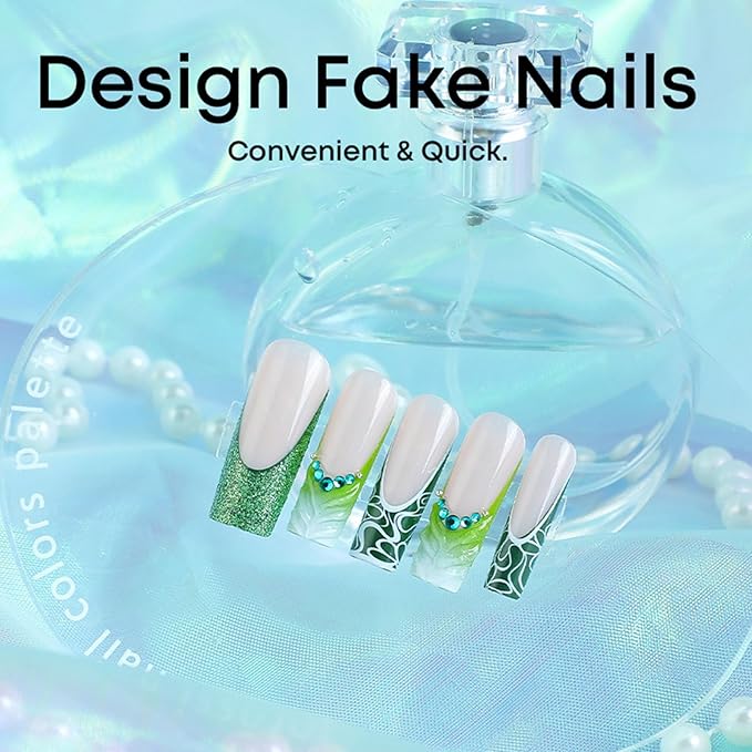 French Tip Press on Nails Square Extra Long Gradient Acrylic Nails Press ons with Lines Rhinestones Design Water Ripple Glue on Nails Green Glitter Fake Nails Transparent False Nails for Girls 24Pcs