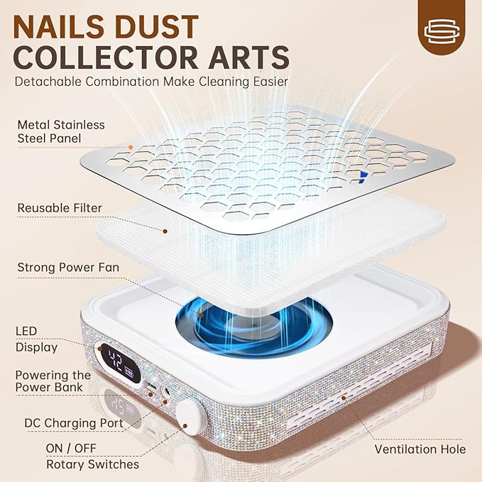 Nail Dust Collector, Rechargeable Dust Collector Nail Tech, Powerful Vacuum Fan Vent Dust Collector Extractor Dust Suction Machine for Acrylic Nails Polishing, Nail Salon&Home, White