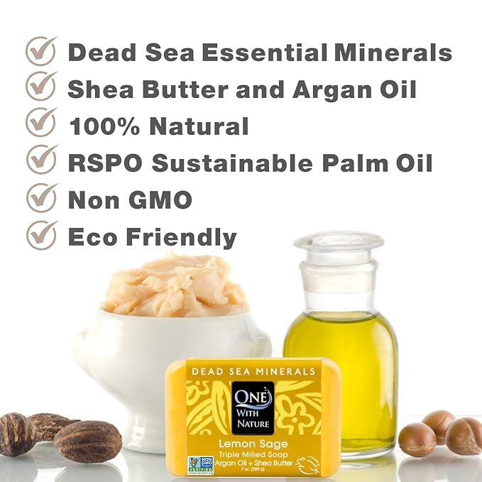 One With Nature Dead Sea Salt Lemon Sage Soap 7oz 3-Pack – Purifying and Exfoliating Soap Bar with Dead Sea Minerals for Face & Body, for Men & Women