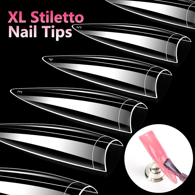 Quaferen XL Stiletto Nail Tips，504PCS No C Curve Tips for Acrylic Nails, Clear Nail Tips Stiletto, Half Cover Almond False Nail Extension for Salons Home DIY 12 Sizes