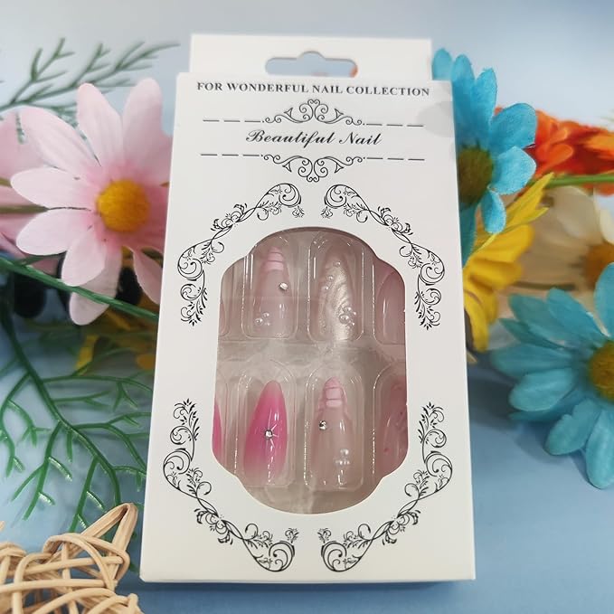 3D Curve Press on Nails 24Pcs French Acrylic Full Cover Fake Nails Tortoise Pattern Gel Glue on Fingernails Glossy Pink Gradient Medium Almond False Nail Stars Stick on Nail for Holiday Manicure Art