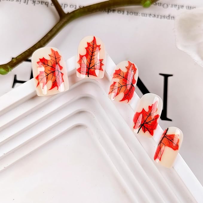 Fall Press on Nails Medium Square Fake Nails with Glitter Maple Leaves Design Milky White Glossy Acrylic False Nails Autumn Leaf Stick on Nail Reusable Gel Glue on Nail for Women 24Pcs