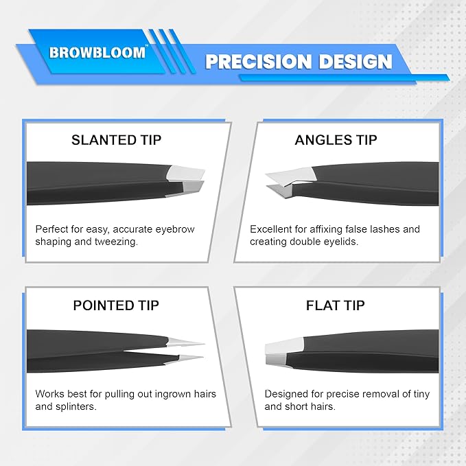 4Piece Set of Professional Tweezers for Women Facial Hair, Black Stainless Steel Precision Tweezer for Ingrown Hair, Eyebrow Tweezers for Men Comes in Carrying Pouch (Black Set)