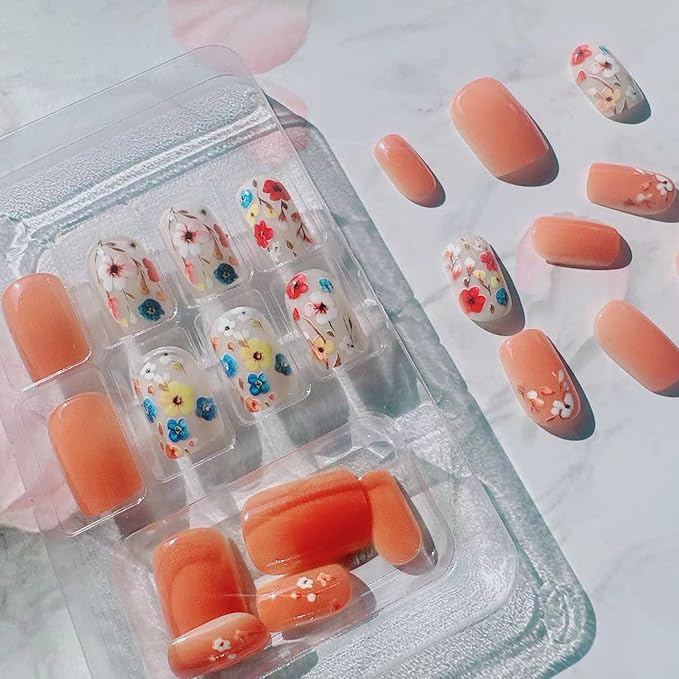 Flower Press on Nails Short Square Fake Nails Glue on Nails with Colorful Floral Design Small Flowers Acrylic False Nails Manicure Art Full Cover Stick on Nails for Wedding Birthday Women 24Pcs