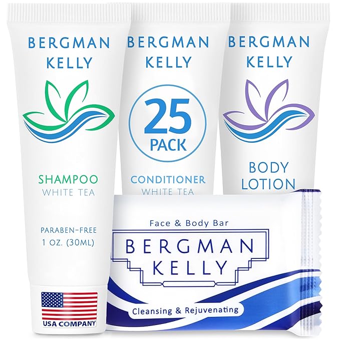 BERGMAN KELLY Hotel Toiletries Bundle (White Tea, 1 oz each, 100 Pieces) 4-Piece Set: 25 Rectangular Bar Soap, 25 Shampoo, 25 Conditioner & 25 Body Lotion - Bulk Mini Guest Amenities