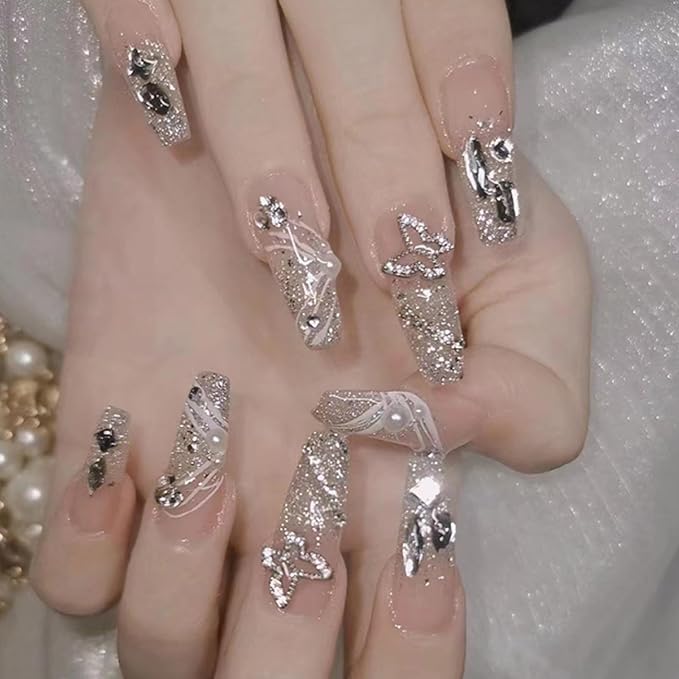 Hkanlre Bling Butterfly Press on Nails Long Silver Fake Nails Tips Full Cover False Coffin Nails for Women and Girls 24PCS