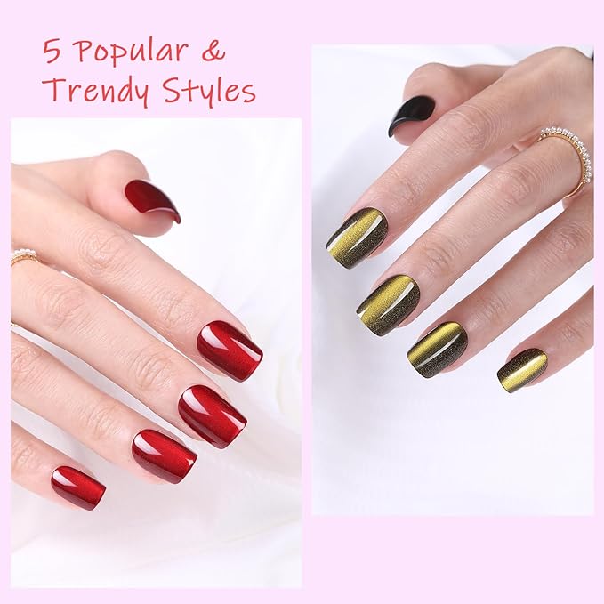 Cat Eye Press on Nails Summer, Jsiallye 300pcs Colored Short Square Press on Nails for Women, Soft Gel Fake Nails, Glossy Glitter Cat Eye Nail Tips Stick On Nails in 15 Sizes