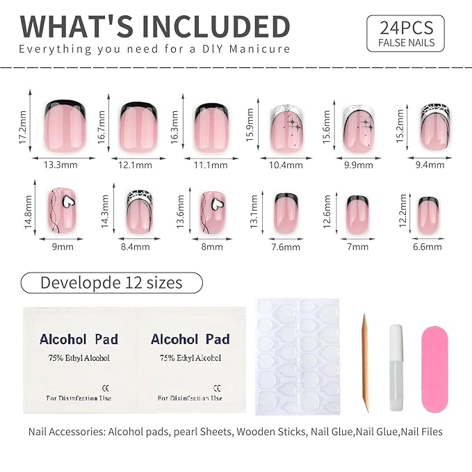 French Press On Nails Short Square, Pink Fake Nails with French Tips and Stellar Heart, Glitter Designs, Glossy Gel Finish Acrylic Short Press On Nails, Thick Reusable Glue On Nails Kit for Women