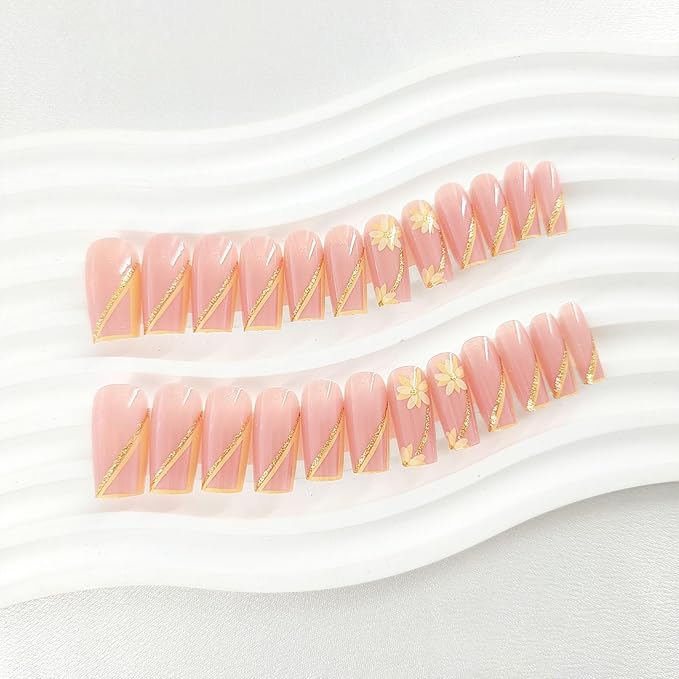 Square Press on Nails Long Light Pink Fake Nails Yellow French Tip Nail Press ons with Lines Glitter Designs Glossy Glue on Nails Flower Stick on Nails for Women Extre Long Manicure 24Pcs