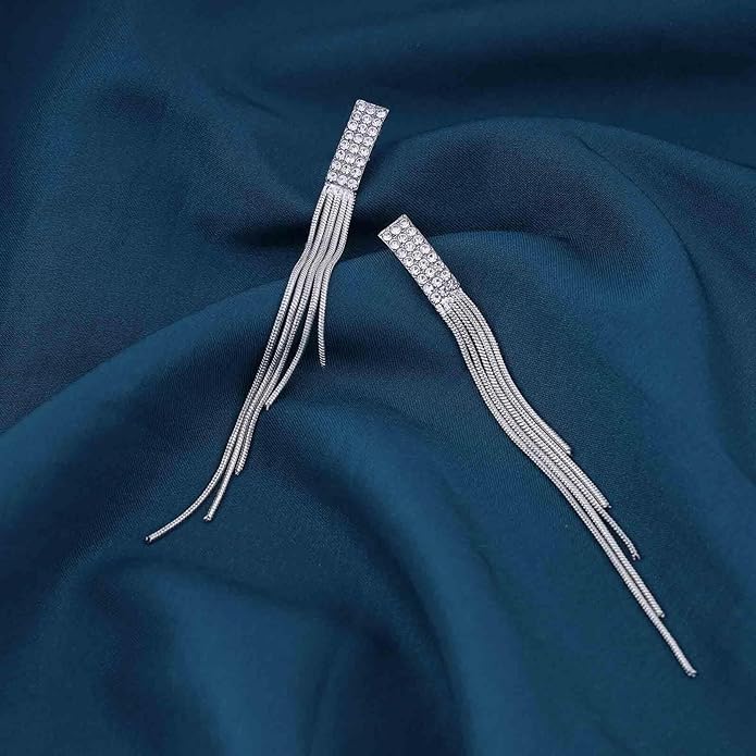 Vintage Rhinestone Dangle Earrings Gold Sleek Chain Drop Earrings Crystal Long Chain Tassel Earrings Sleek Metal Chain Earrings Jewelry for Women