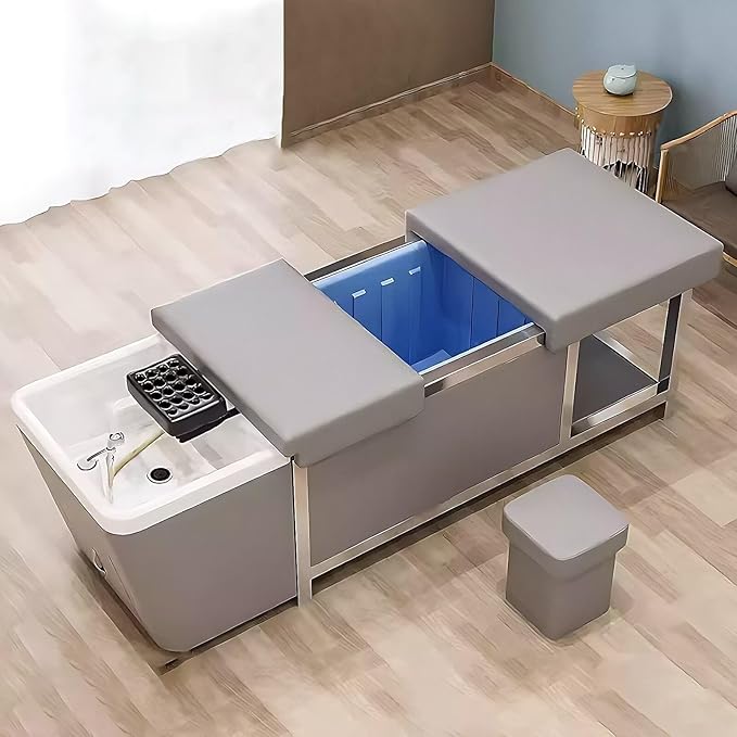 HHEvergreenEnsem Massage Shampoo Bed with Sink & Head Spa Equipment, No Plumbing Head SPA Bed Includes 24 gal Large Water Tank, Storage Space (with Stool, Grey)