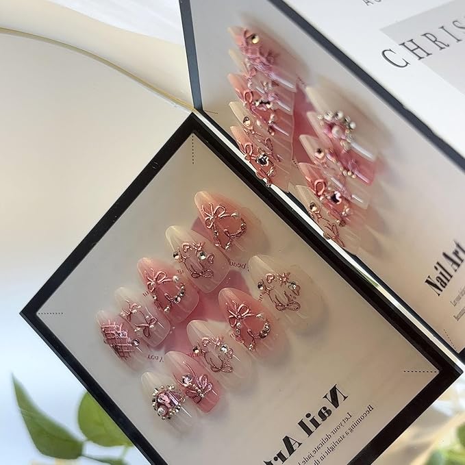 Pink Press on Nails Medium Almond Fake Nails with 3D Heart Pearl Rhinestones Designs White Gradient Bow Silver Star Stick on Nails Flower Charms Full Cover Glue on Nails for Women Girls 24Pcs