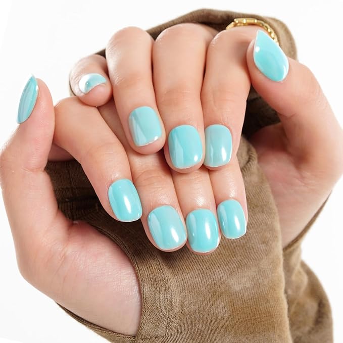 GLAMERMAID Extra Short Press on Nails 24PCS, Handmade Light Blue Chrome Fall Gel Glue on Nails, Glossy Round Reusable UV Finish Fake Nails Acrylic False Nails Manicure Kits for Women