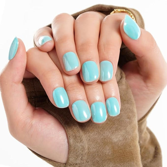 GLAMERMAID Extra Short Press on Nails 24PCS, Handmade Light Blue Chrome Fall Gel Glue on Nails, Glossy Round Reusable UV Finish Fake Nails Acrylic False Nails Manicure Kits for Women