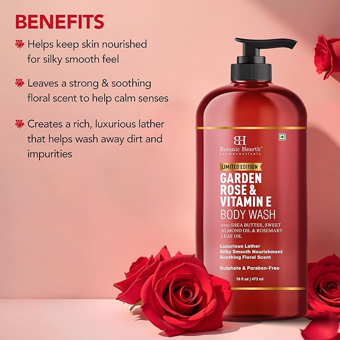 Botanic Hearth Garden Rose & Vitamin E Body Wash | Limited Edition, With Shea Butter, Sweet Almond Oil & Rosemary Leaf Oil 16 Fl Oz (473 Ml) | Sulphate & Paraben|Free, Luxurious Lather