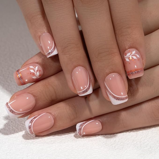 Curvlife Soft Gel Press on Nails, 30Pcs 15 Sizes Gold Edge Flower Style French Nail Tips, Full Cover Design Reusable Fake Nails Kit with Glue and Adhesive Tabs