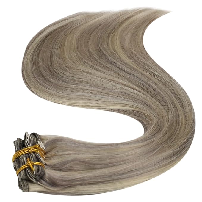 Full Shine Blonde Highlights Human Hair Extensions Clip ins 20 Inch Gray Highlights Platinum Blonde Remy Hair Clip in Extensions Silky Long Straight 120 Grams