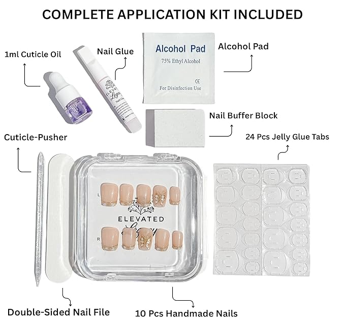 Large-Nude Luxe Blossom French Tip Press-On 10 Nails Manicure Kit for Women | Custom Handcrafted Nail Glue, Dual Nail File, Cuticle Stick & Buffer Block | Measure Before Ordering