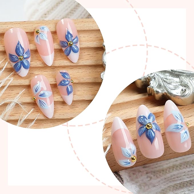 24pcs White French Tip Press on Nails Medium Almond Fake Nails with 3D Flower Gold Beads Designs Blue Floral Glue on Nails Summer False Nails Kit Acrylic Nail Tips Full Cover Stick on Nails For Women