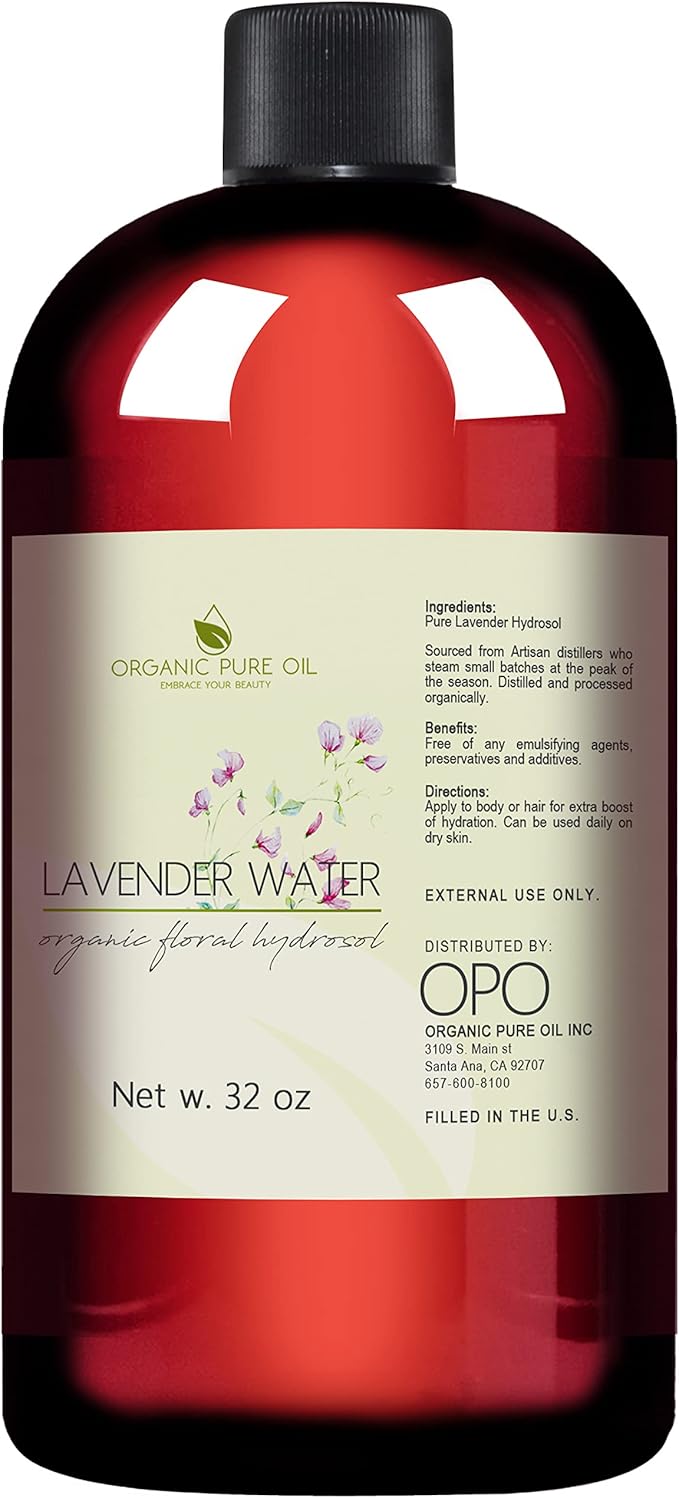 Lavender Water Hydrosol - Pure Steam Distilled Natural Non GMO Calming Bulk Body, Face, Facial Toner, Aromatherapy, Set Makeup, Cleanser Mist Spritz - 32oz - OPO
