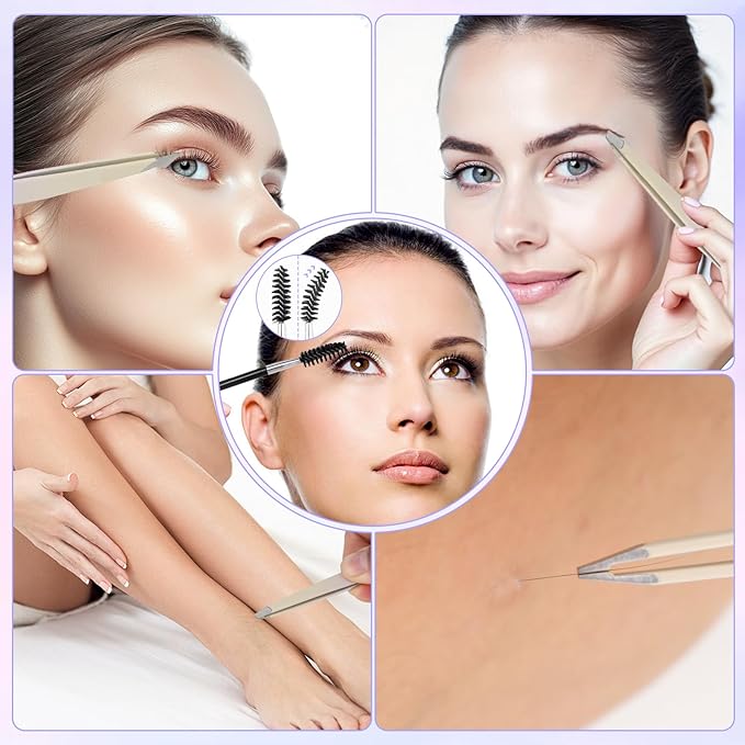 6 PCS Tweezers Set for Women, Eyebrow Tweezers Set with Curved Scissor for Ingrown Hair, Plucking Daily Beauty Tool with Leather Travel Case for Gifts (Gradient Purple)