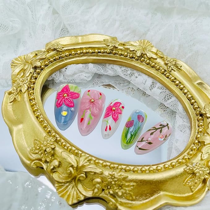 30Pcs 3D Handmade Press on Nails Medium Almond Fake Nails with Flower Pearl Rhinestones Designs Summer Glue on Nails Cute Acrylic Nails Press ons False Nails Colorful Floral Stick on Nails for Women