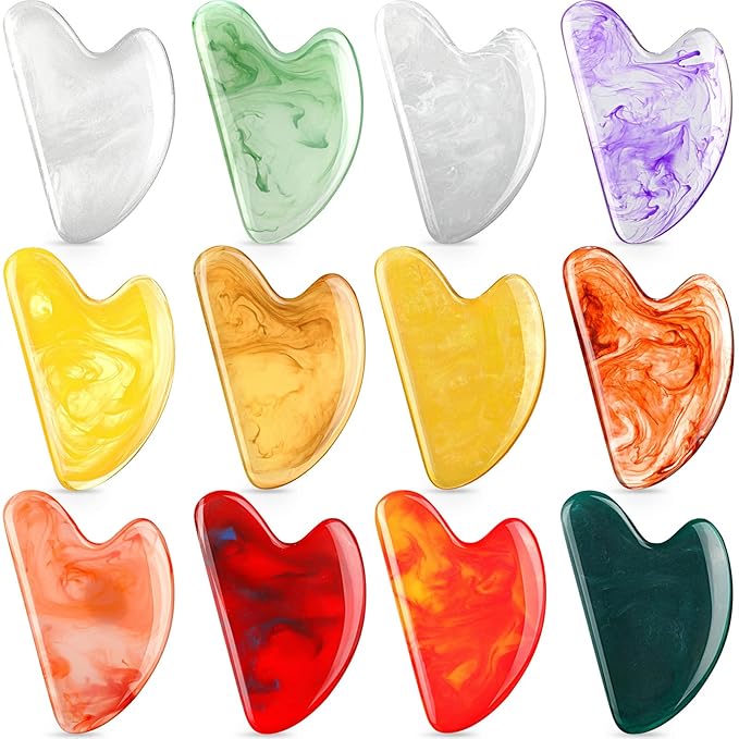 Sherr 12 Pcs Gua Sha Facial Tools Resin Heart Shaped Massage Guasha Tool for Face Guasha Board for Spa Women Body Skin Care Reduce Muscle Tensions, 12 Colors(Retro Color)