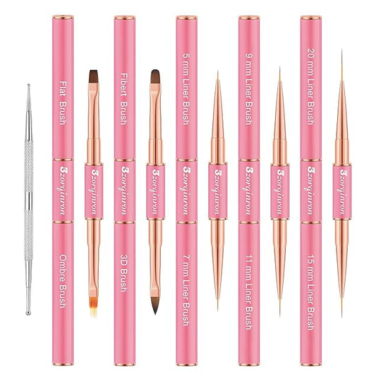 Nail Art Bushes Set, Professional 5Pcs Double-Ended Nail Brush Kit for Details, Long Lines, Ombre & 3D Design-Perfect for DIY Manicures & Salons (Pink)