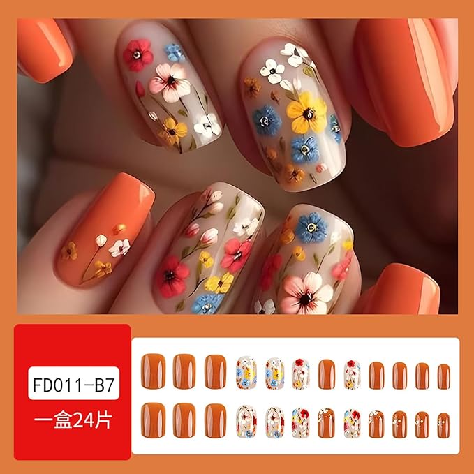 Flower Press on Nails Short Square Fake Nails Glue on Nails with Colorful Floral Design Small Flowers Acrylic False Nails Manicure Art Full Cover Stick on Nails for Wedding Birthday Women 24Pcs