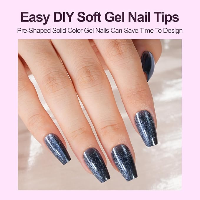 Cat Eye Press on Nails, 300Pcs Short Coffin Cat Eye Nail Tips, Glossy Glitter Soft Gel Fake Nails for Women and Girls Stick On Nails in 15 Sizes