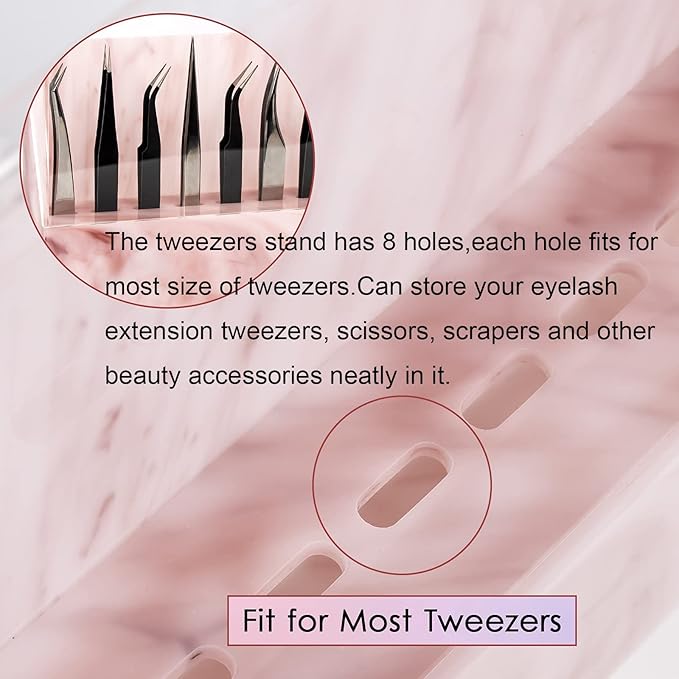 8 Holes Dust-proof Eyelash Tweezers Holder Case Acrylic Marble Tweezer Stand Display Organizer with Cover for Lash Extensions (pink)