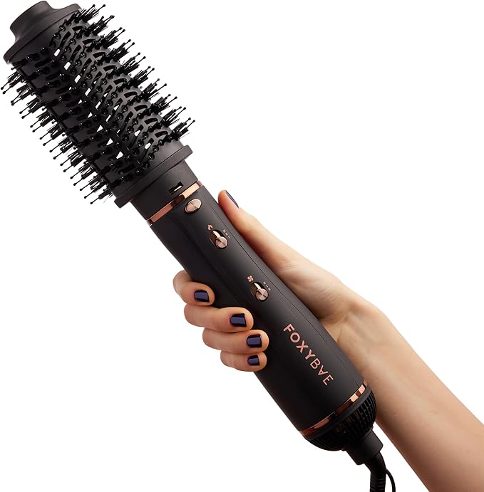 FoxyBae 3-in-1 Ceramic Interchangeable Hair Tools - Blowout Dryer - 3 Detachable Heads: 2.4" Blowout Brush, 1.5" Hot Round Brush & Drying Cylinder Hair Dryer Brush & Hair Styling Set [Black Rose-Gold]
