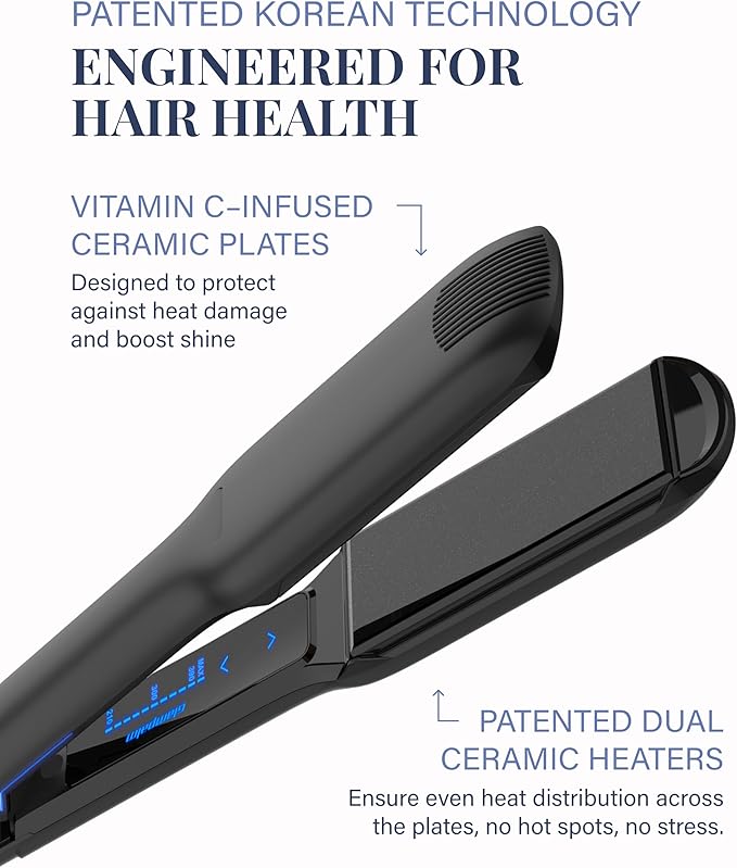 GLAMPALM Hair Straightener 1.5" Wide Ceramic Flat Iron Infused with Vita C, Korea's No.1 Professional Salon Tool for Long Hair, Dual Voltage, Digital LED (210°–450°), 45s Fast Heat-Up (GP501T)