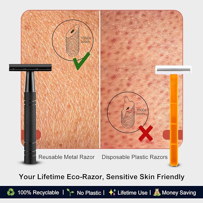 Double Edge Safety Razor with Stand, Single Blade Razors for Men and Women, Reusable Metal Razor, with 10 Stainless Steel Double Edge Blades, Smooth and Close Shave, Plastic Free, Matte Black