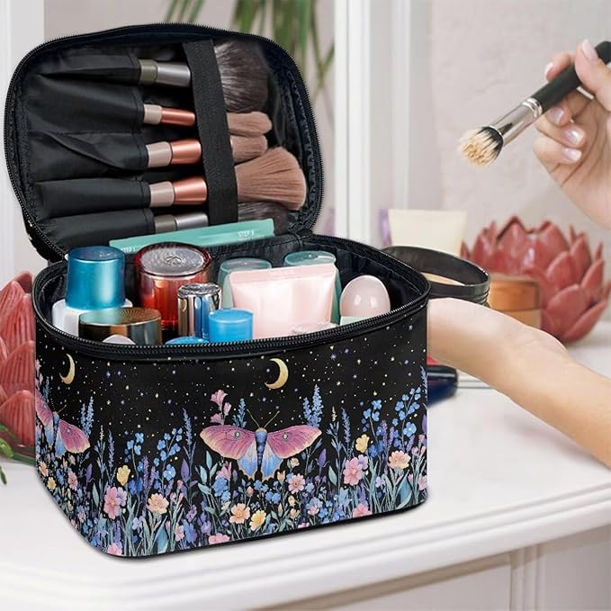 Butterfly Floral Moon Starry Night Print Travel Makeup Bags for Women Portable Tote Cosmetic Case with Carry Handle Toiletry Accessories Storage Organizer Bags
