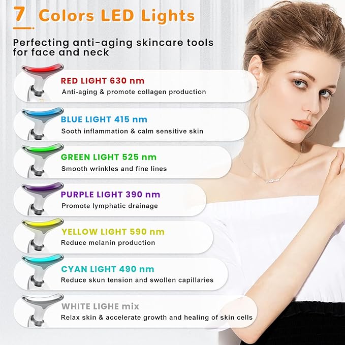 Facial Beauty Device, Face Massager Tool for Skin Care, Based on Triple Action LED, Thermal, and Vibration, Red and Blue LED Light, 7 Color Led Face and Neck Massager for Home Use (Glossy White)