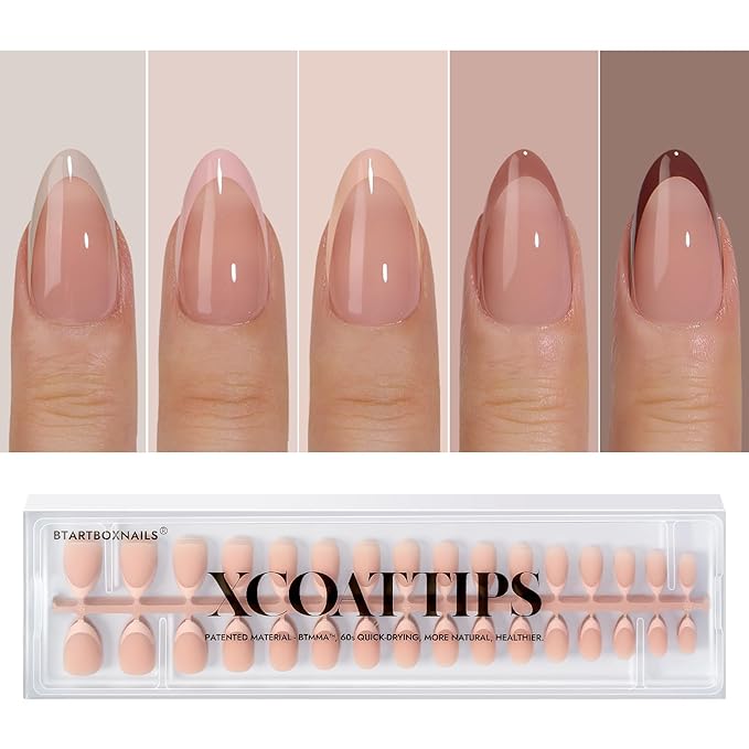 BTArtboxnails XCOATTIPS Press on Nails - French Tip Press on Nails, Fall Nails Short Almond Nail Tips, Skin Tones Soft Gel Nails False Nail, Soak Off Acrylic Nails Extensions Art