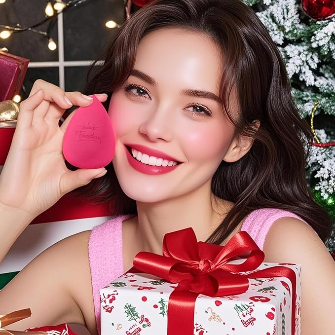 Real Perfection Makeup Sponge Set Blender Sponges, Latex-Free Beauty Makeup Sponges 7 pcs with 1 Travel Container Case for Blending Foundation Liquid Cream and Powder (Rose Red)