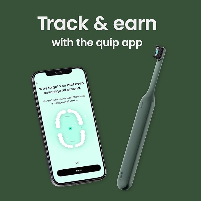 Quip Ultra Next Generation Smart Sonic Toothbrush - Timed Electric Toothbrush for Adults - Replaceable Brush Head, Soft Bristles, Silicone Handle, 30-Day Battery Life, Travel Case - Moss Green